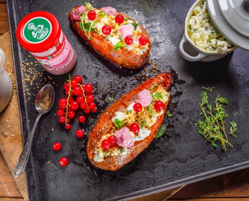 Süßkartoffeln aus dem Ofen mit Meerrettich, Ziegenkäse und Ducca