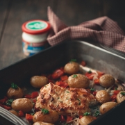 Überbackener Seelachs mit Meerrettichkruste und Ofenkartoffeln